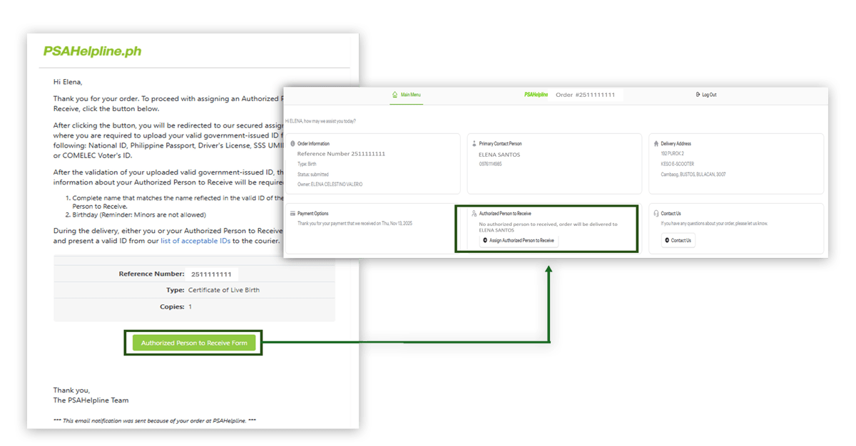 A customer receives an email with a link to assign an Authorized Person to Receive for a PSAHelpline.ph order