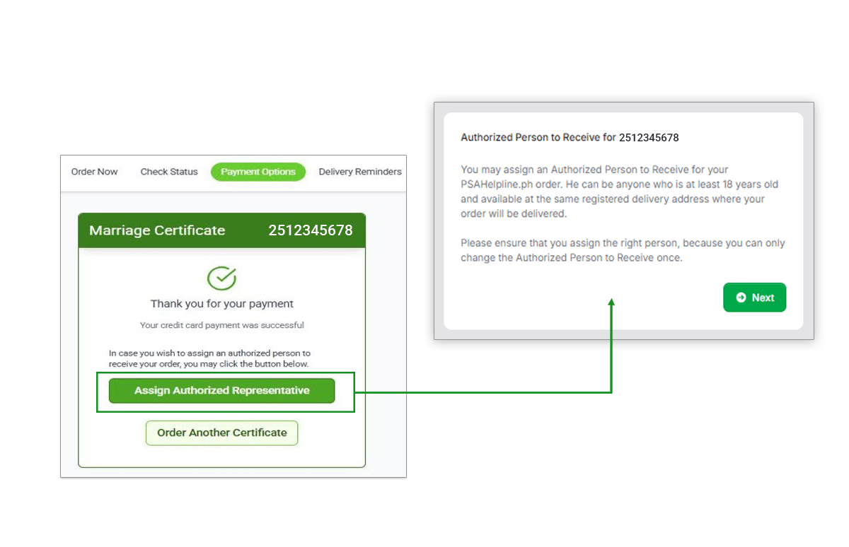 After a successful payment, a button to Assign Authorized Representative appears on the confirmation page.