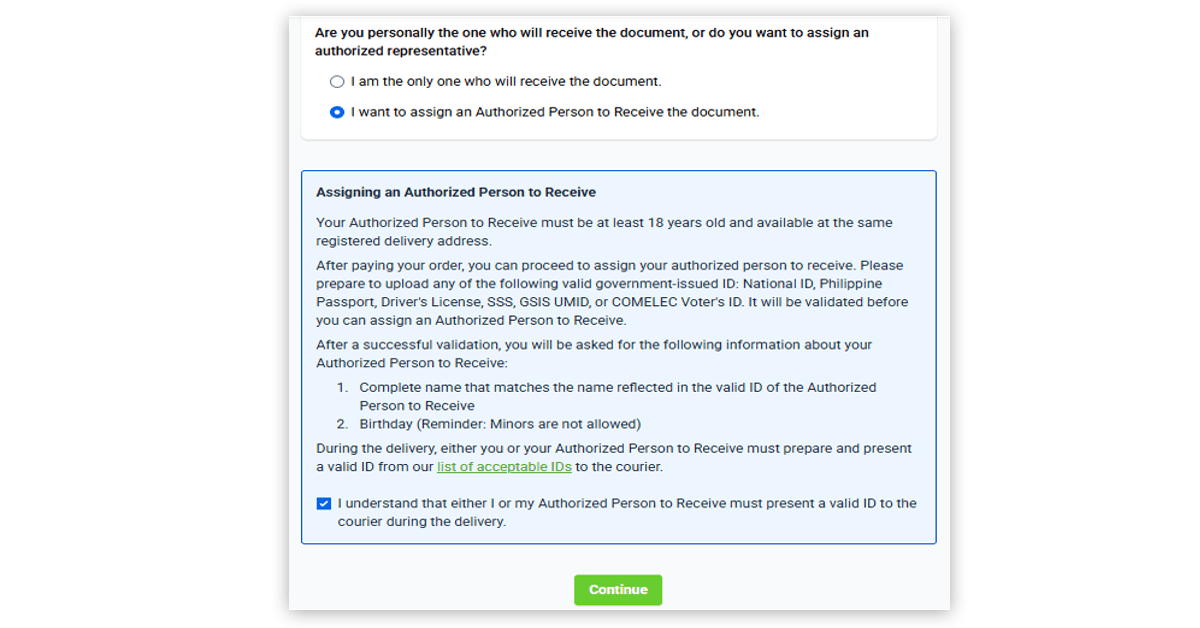 PSA certificate application, select to assign an Authorized Person to Receive and click Continue.