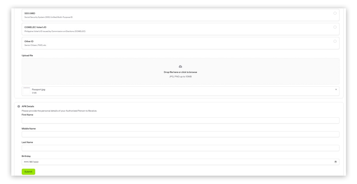 Select a valid government-issued ID type from the list to proceed with the validation process.