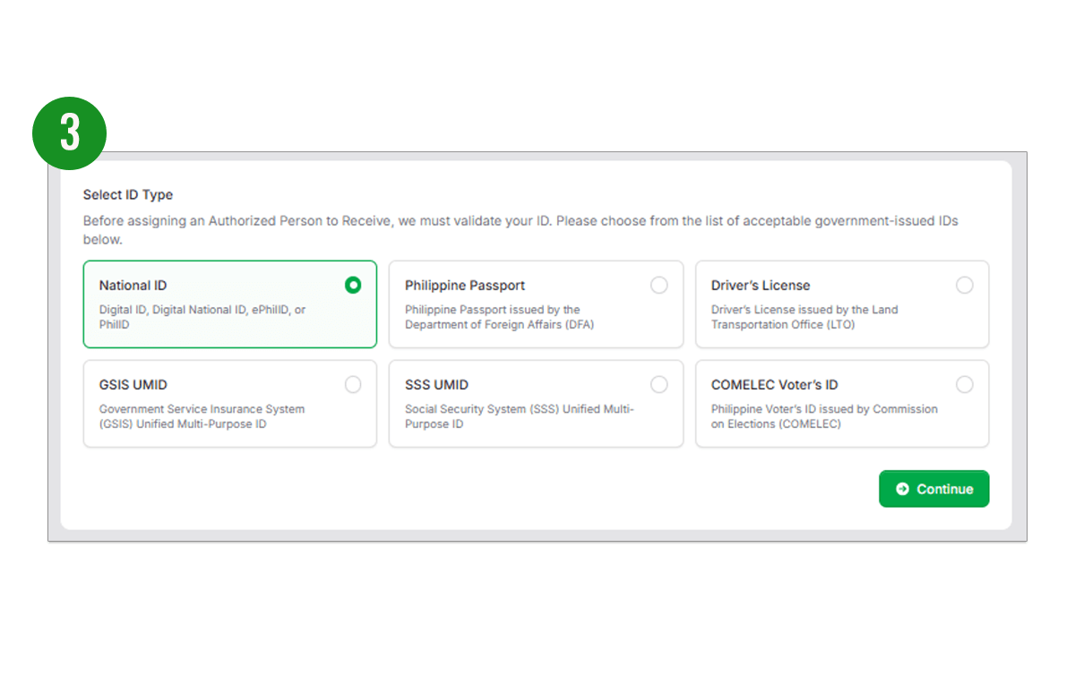 Select a valid government-issued ID type from the list to proceed with the validation process.