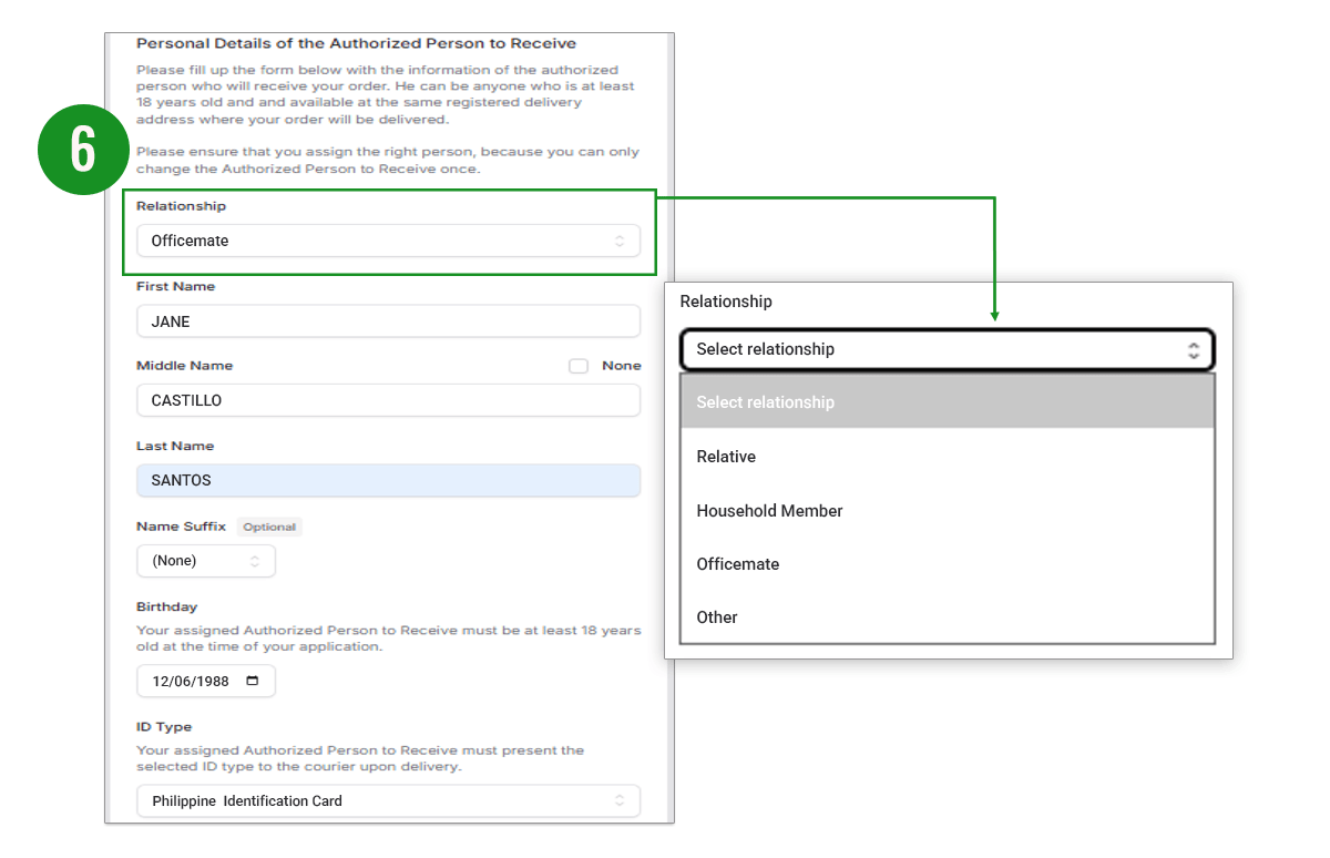 Fill out the form with the personal details of the authorized person and select their relationship to you.
