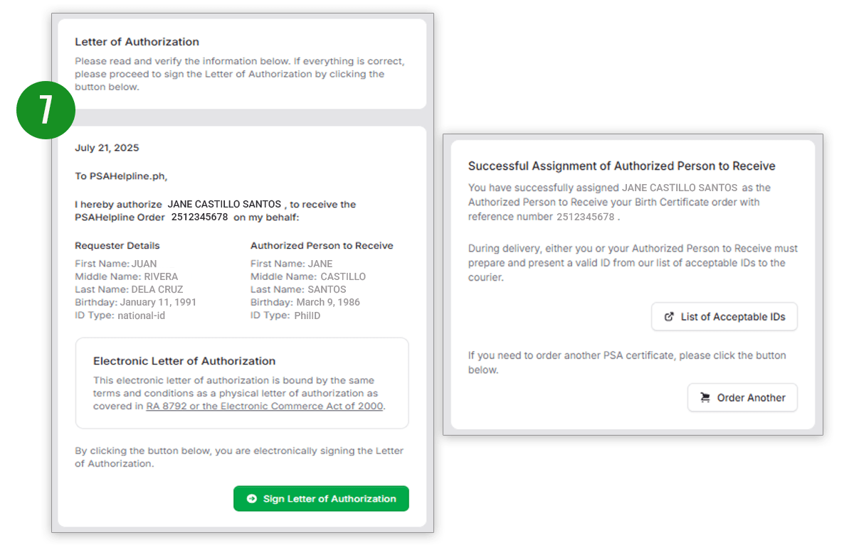 Review and electronically sign the Letter of Authorization (LOA), and a confirmation message will appear.