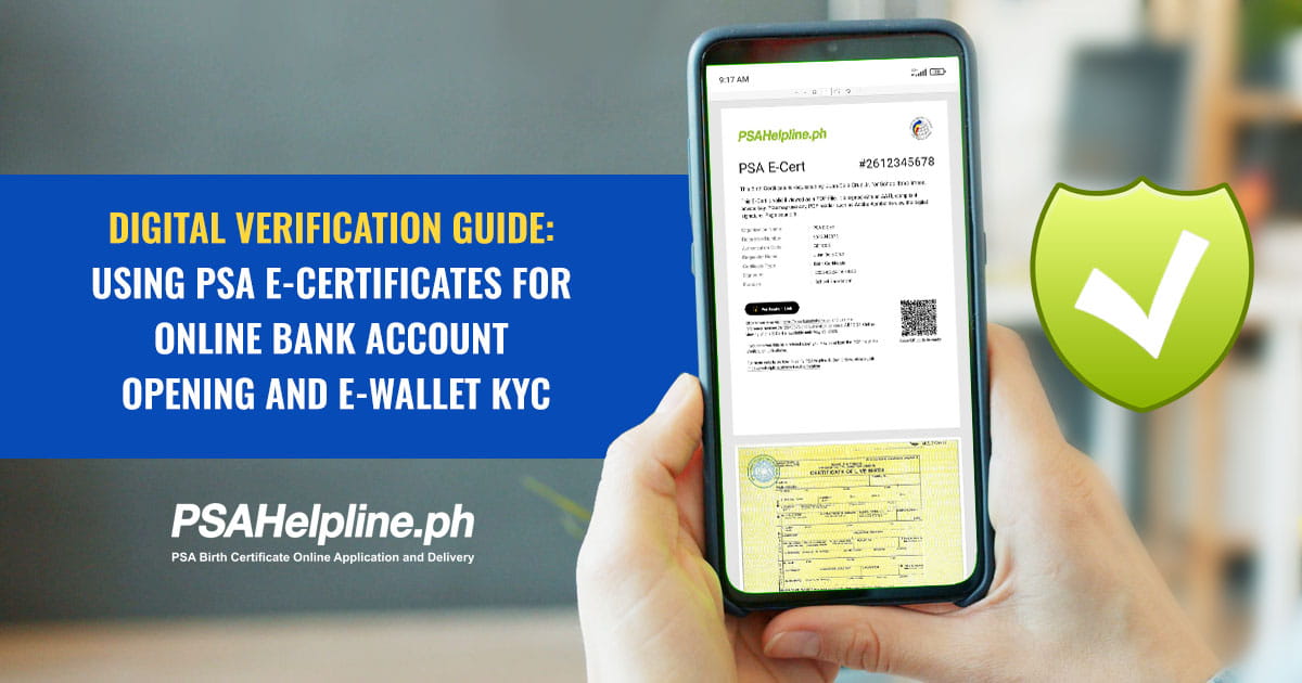 Smartphone displaying a PSA E-Cert for online bank account opening and e-wallet KYC next to a green checkmark shield.