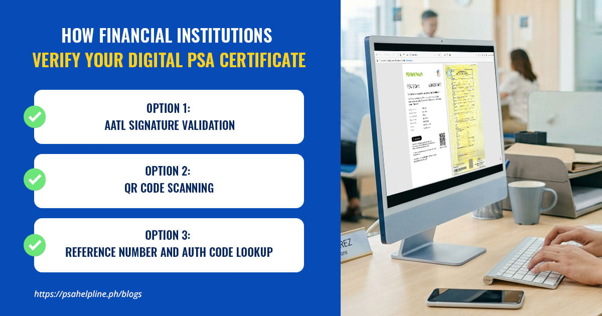 Guide listing three ways financial institutions verify a digital PSA certificate next to a desktop computer showing a document.