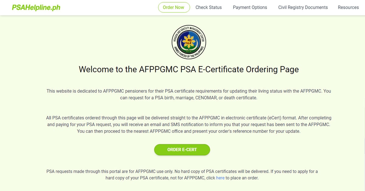 order psa certificates for submission to afppgmc