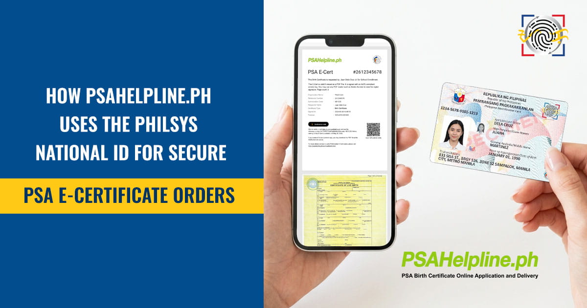 Smartphone displaying a PSA E-Cert next to a hand holding a PhilSys National ID card, with text about secure orders.