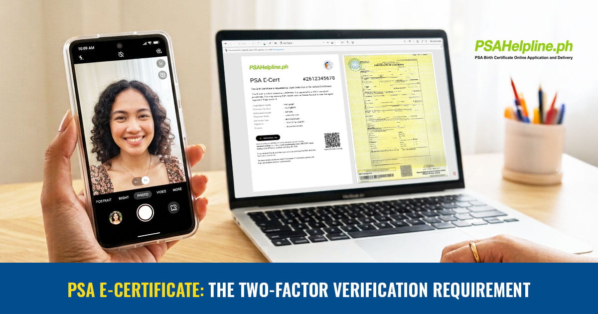 Hand holding a smartphone doing a selfie liveness check next to a laptop displaying a PSA E-Certificate.