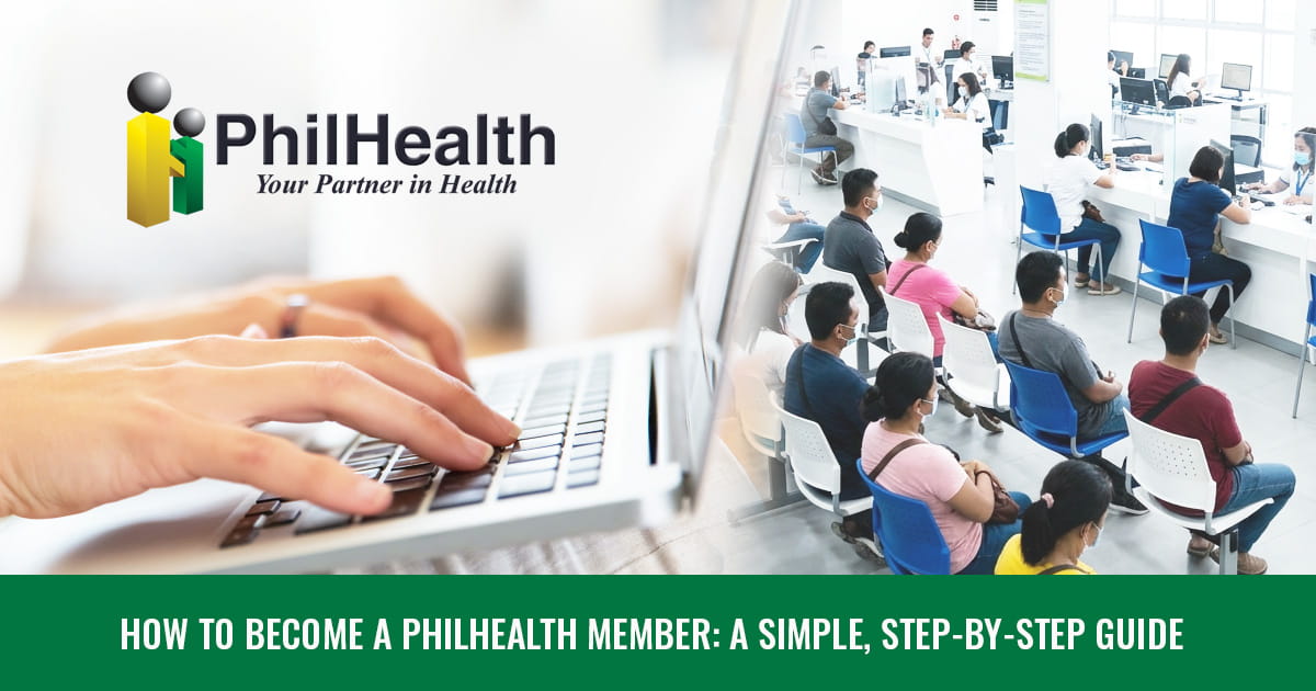 PhilHealth guide banner with logo and text: "How to become a PhilHealth member: A simple, step-by-step guide."