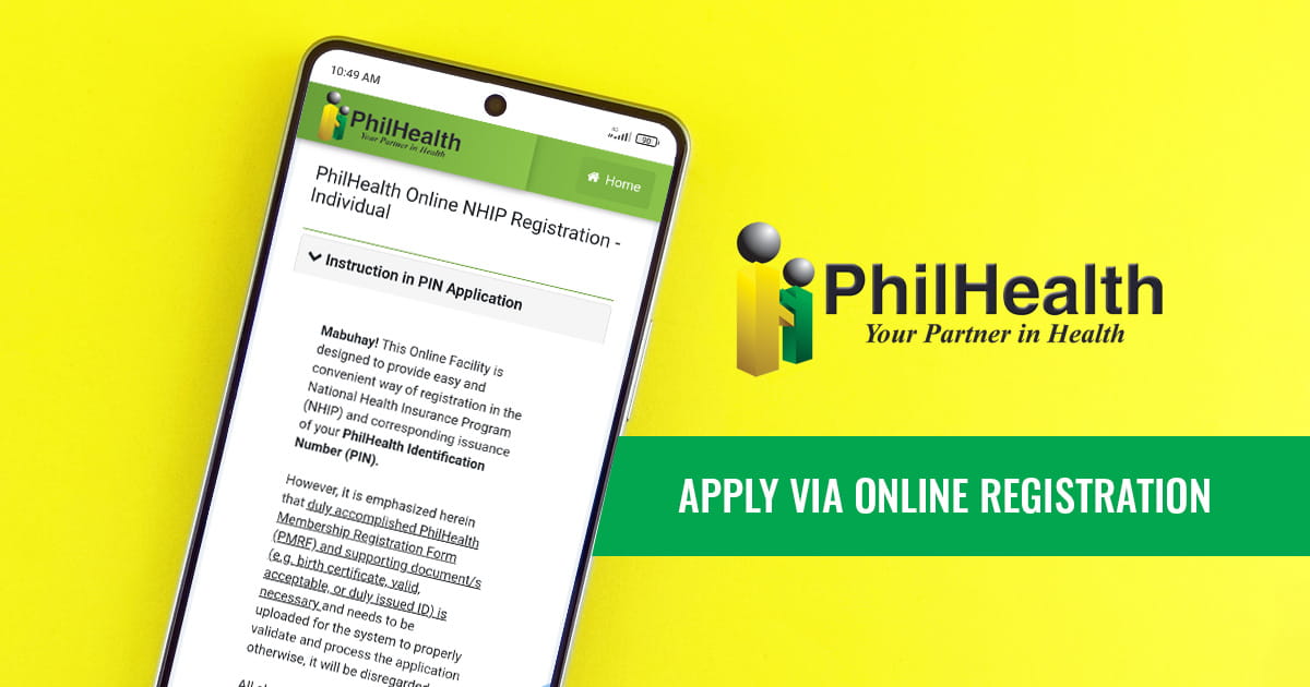 PhilHealth banner with logo, a phone showing the online form, and text: "Apply via Online Registration"