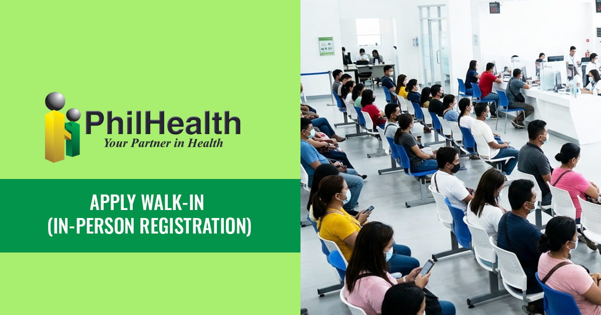 PhilHealth banner with logo, people waiting in an office, and text: "Apply walk-in"
