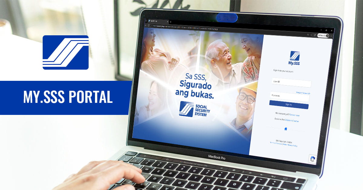 A hand typing on a laptop showing the My.SSS login screen, next to the SSS logo and text: MY.SSS PORTAL.