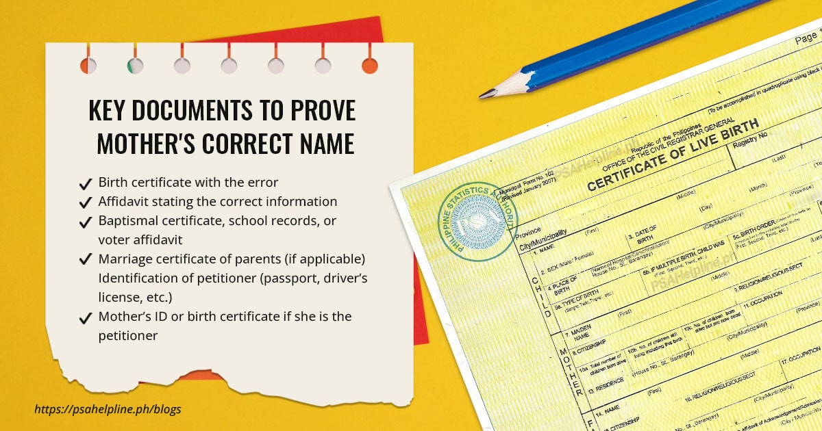 Checklist of key documents to prove a mother's correct name on a birth certificate in the Philippines.