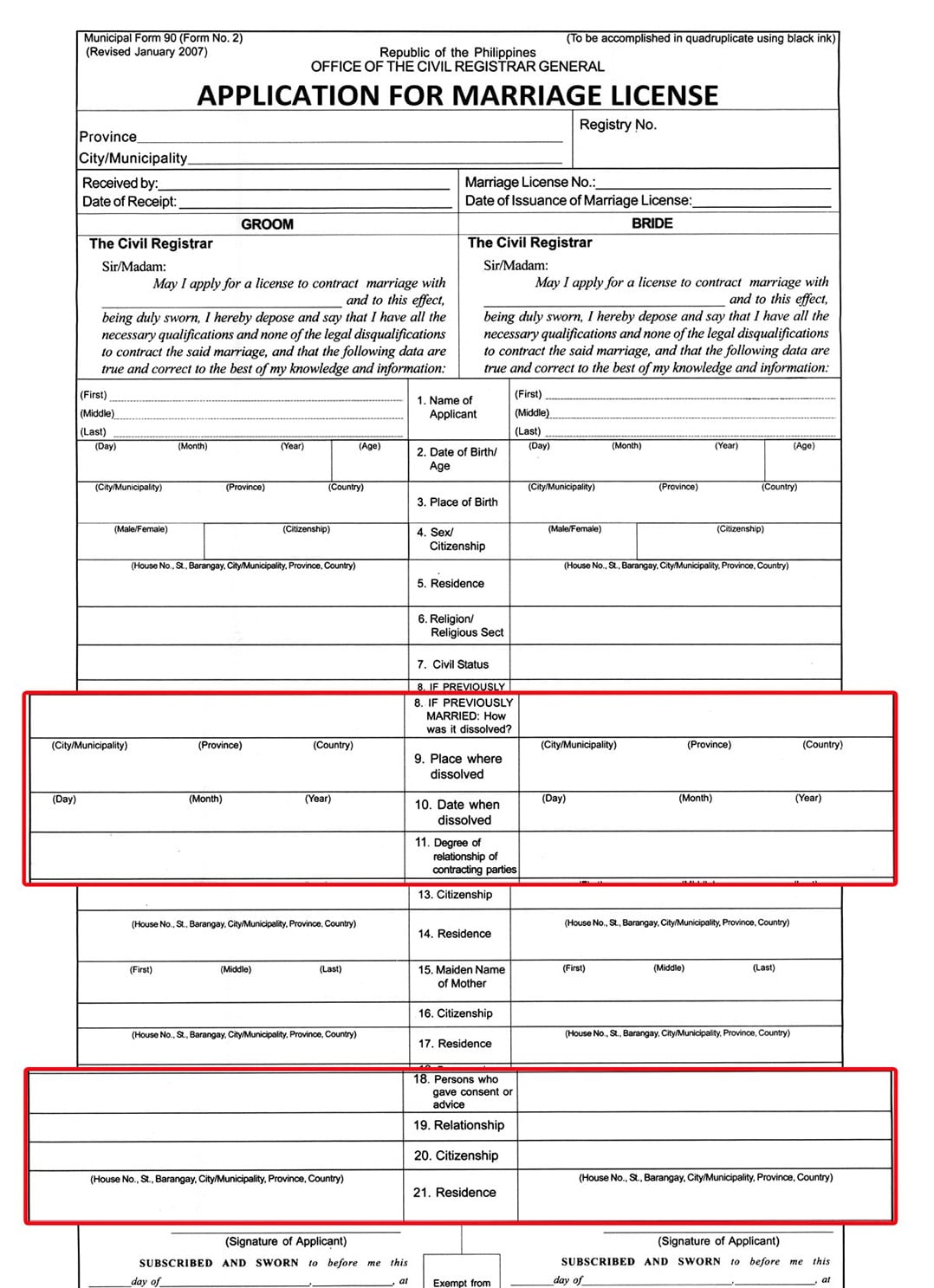 Marriage License application form