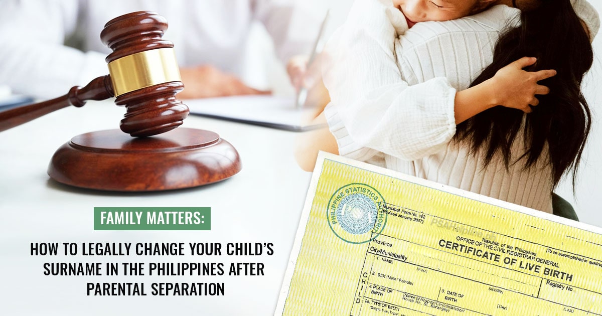 A Philippine PSA Birth Certificate is shown next to a gavel and a woman hugging a child, illustrating a legal name change.