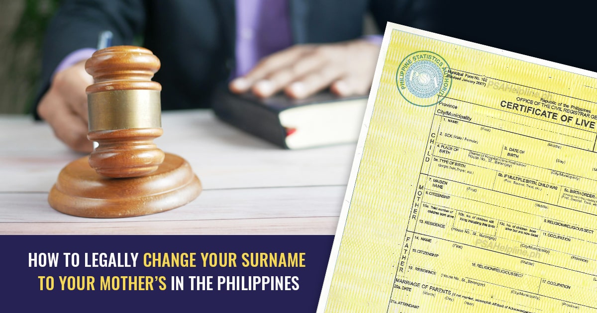 Judge’s gavel and PSA birth certificate symbolizing legal surname change in the Philippines
