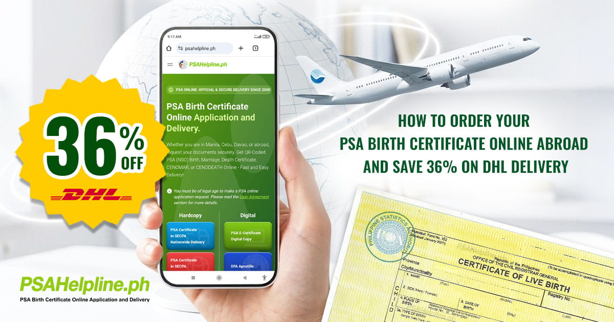 Hand holding phone showing 36% off DHL birth certificate delivery abroad via PSAHelpline.ph PSA online services.