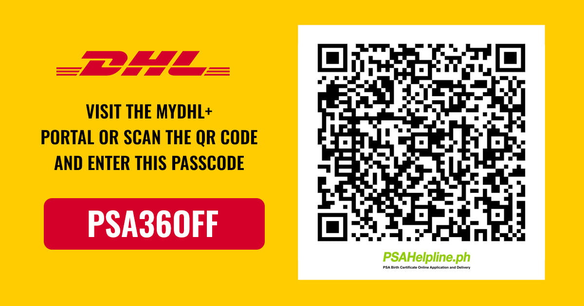 QR code and DHL promo code PSA36OFF for discounted birth certificate delivery abroad via PSAHelpline.ph PSA online services.