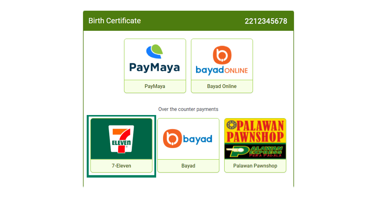 Payment instructions for PSA birth certificate at 7-Eleven