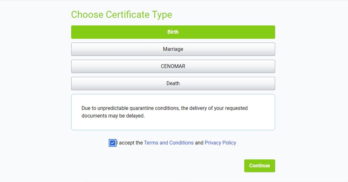 Order birth, marriage, death certificate, and CENOMAR