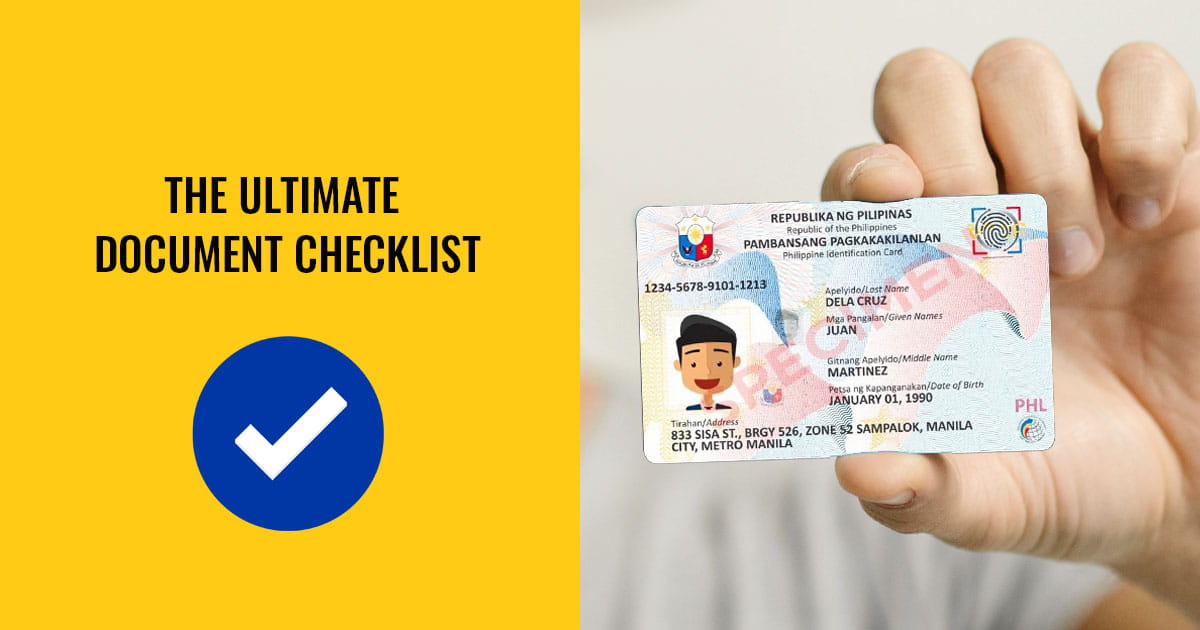 A hand holding a sample Philippine Identification Card next to text: The Ultimate Document Checklist.