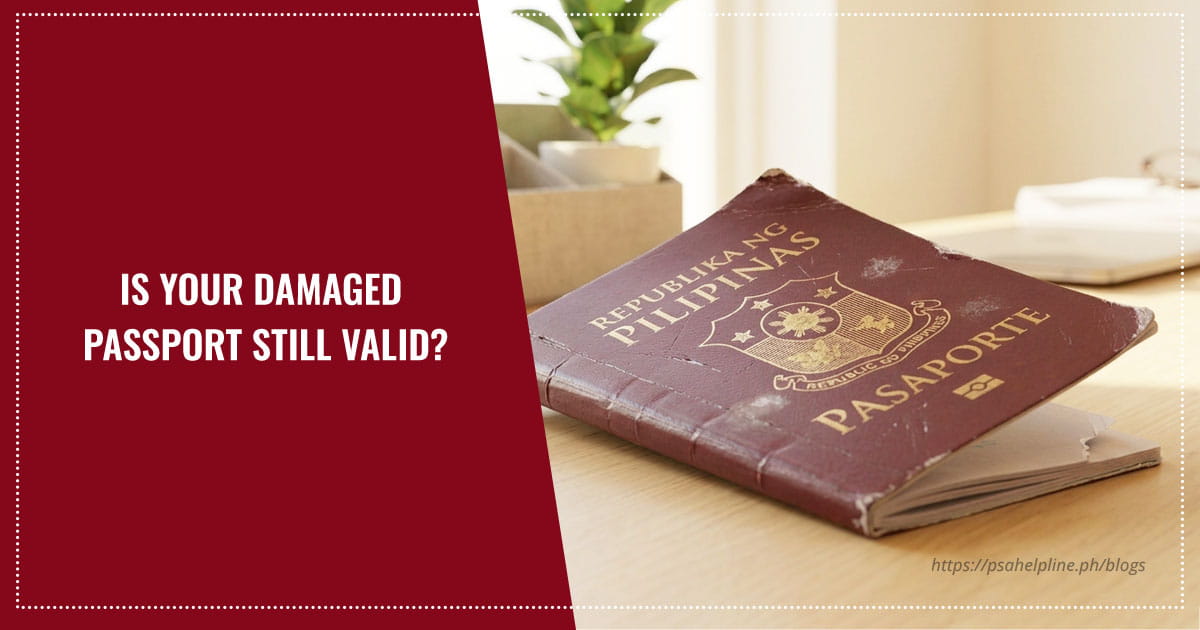 A worn Philippine passport lying on a wooden desk next to text asking if a damaged passport is still valid.