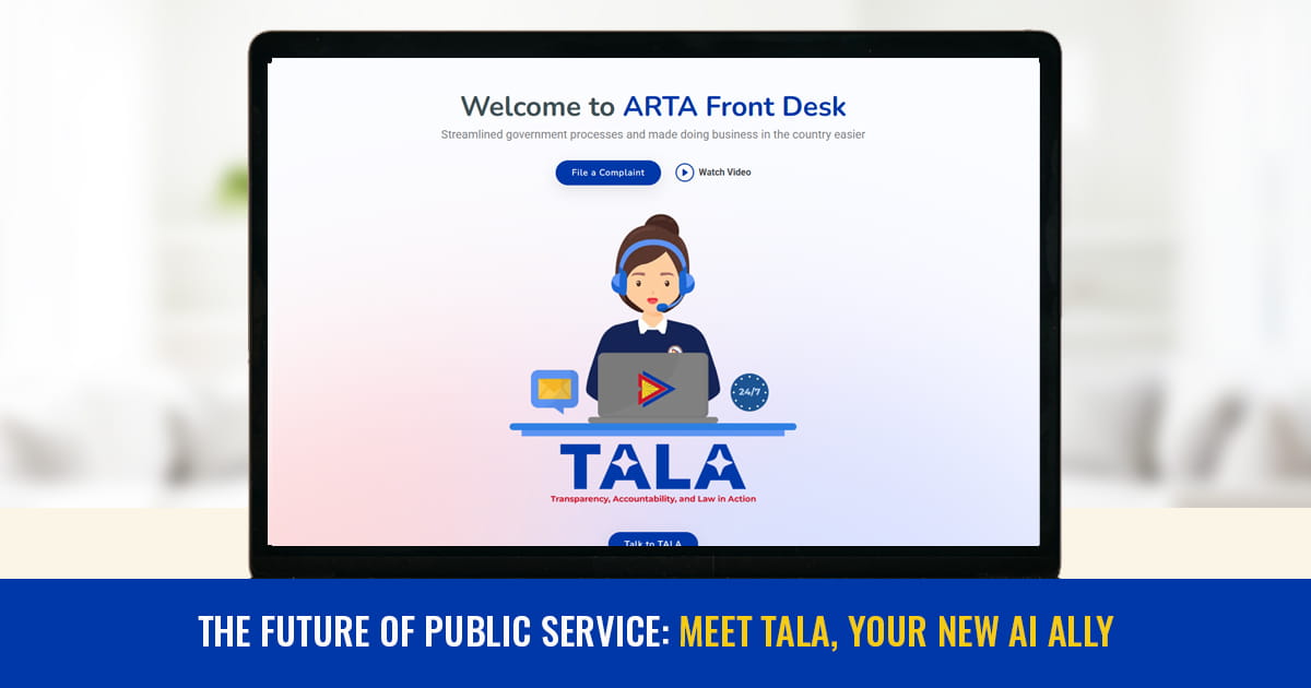 An infographic of a laptop displaying the "ARTA Front Desk" website. On the screen is a female AI avatar named TALA.