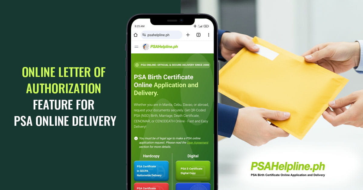 A smartphone showing PSAHelpline.ph next to a delivery package and text: Online Letter of Authorization Feature.