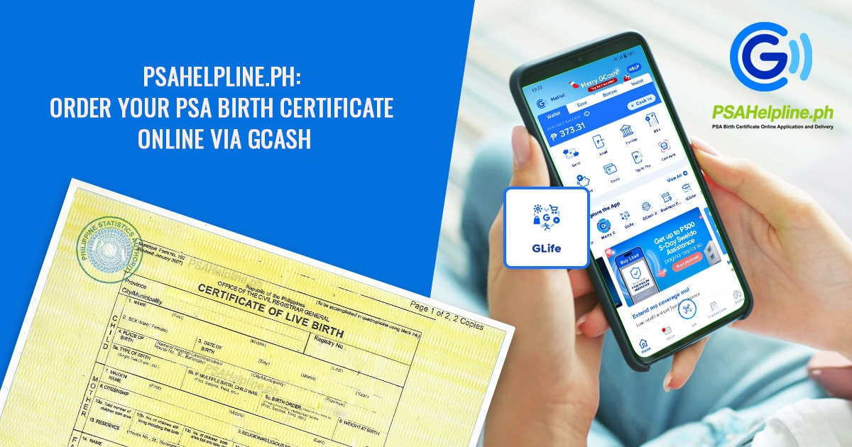 PSAHelpline.ph on GCash: A person holding a phone showing the GCash app and a PSA Certificate of Live Birth