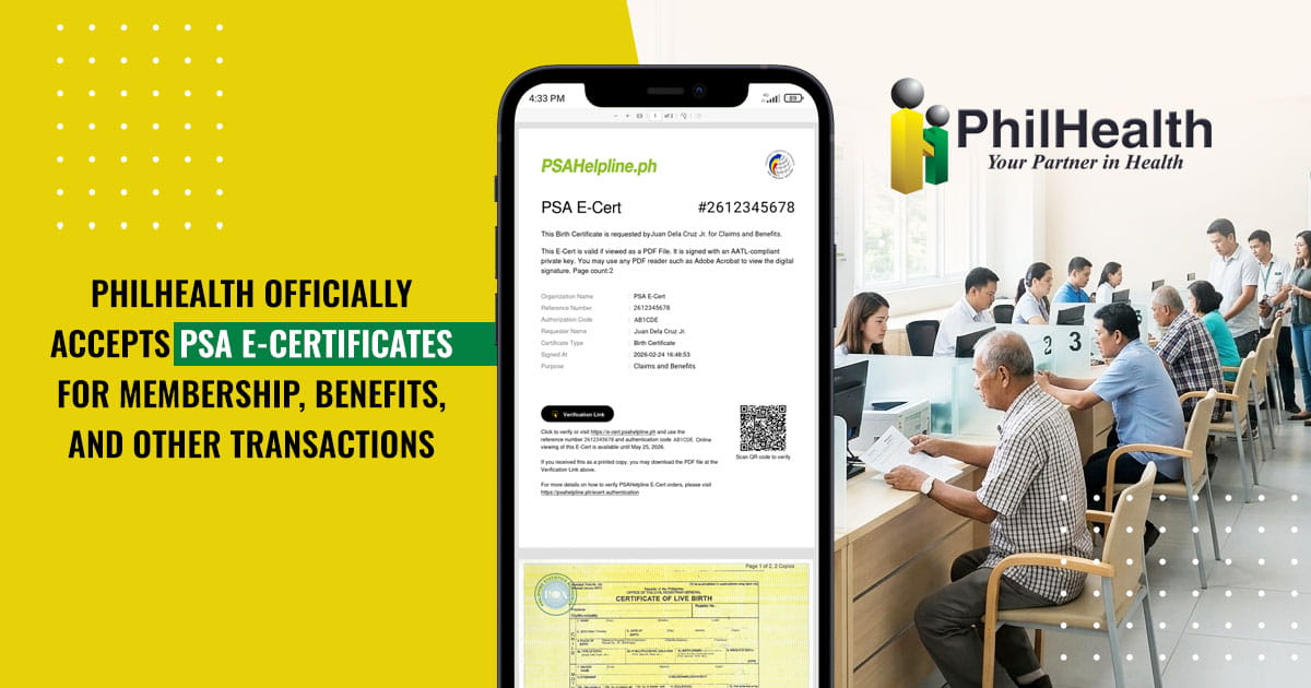 Smartphone displaying a PSA E-Cert beside text stating PhilHealth accepts E-Certificates for membership and benefits.