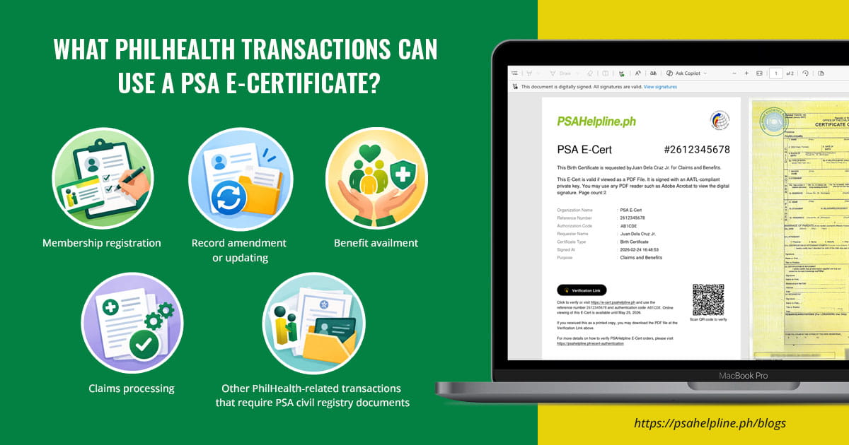 Infographic listing PhilHealth transactions that use a PSA E-Cert beside a laptop displaying the digital certificate.