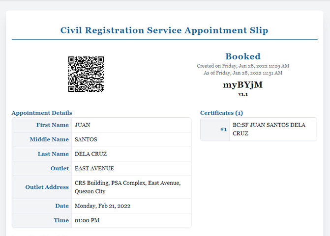 Digital copy of your appointment slip with QR code