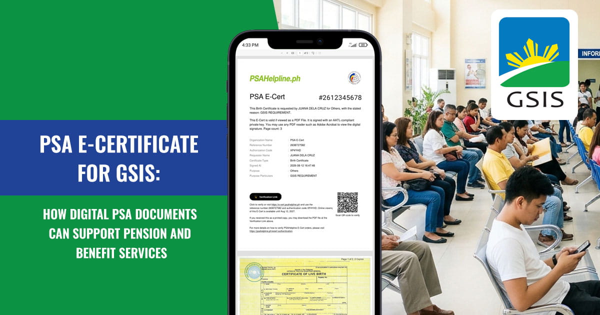 Smartphone displaying a PSA E-Cert beside a GSIS office scene with text on digital PSA documents for GSIS services.