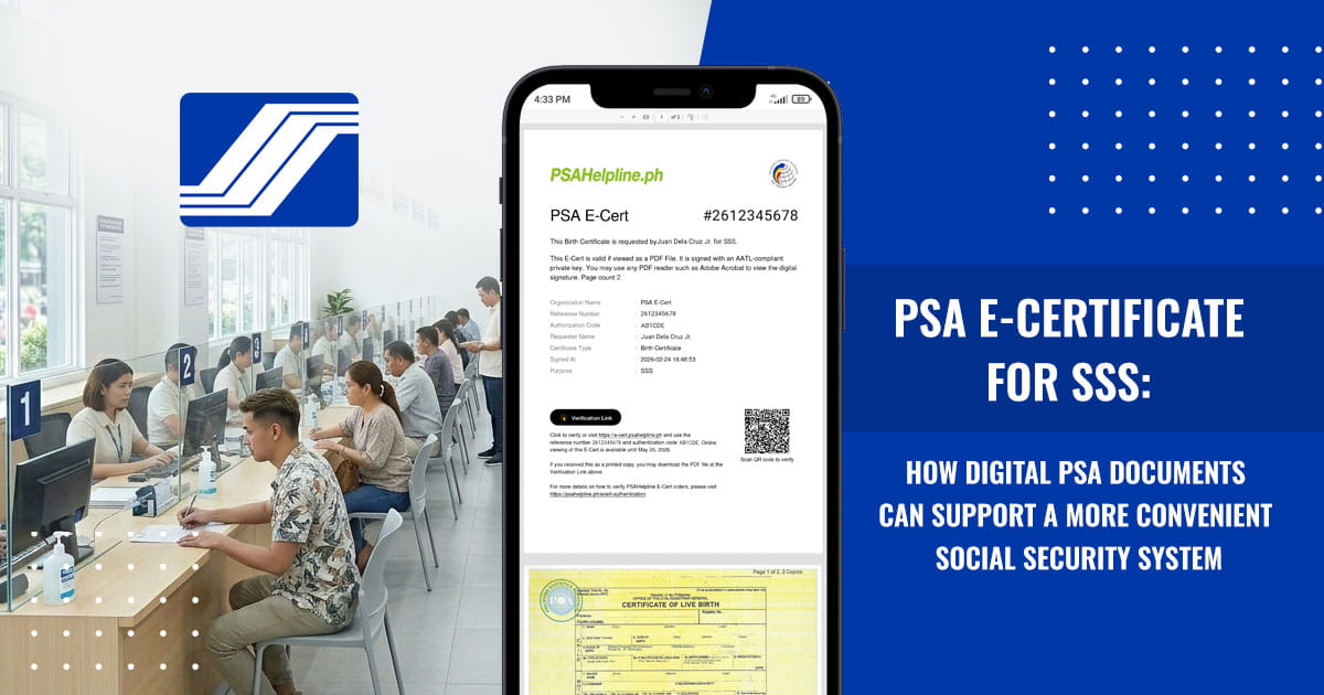 Smartphone displaying a PSA E-Cert beside an SSS office setting with text on digital PSA documents for SSS.