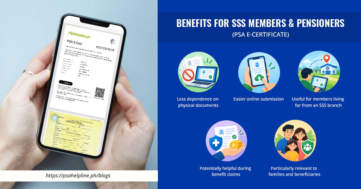 Infographic outlining the benefits of PSA E-Certificates for SSS members and pensioners next to a smartphone display.