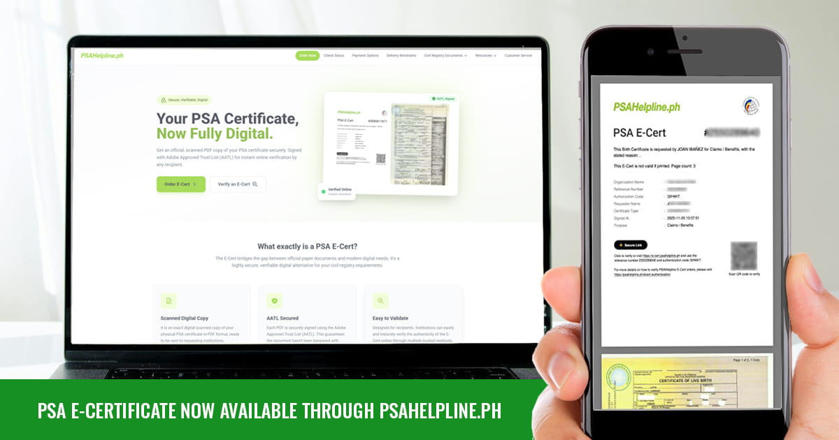 A hand holding a smartphone and a laptop displaying the PSAHelpline.ph website for digital PSA E-Certificates.