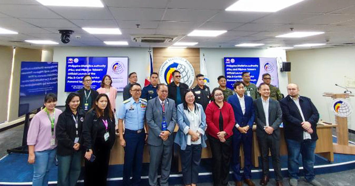 A large group of officials and staff gather for the PSA e-Certificate Service launch at the PSA headquarters.