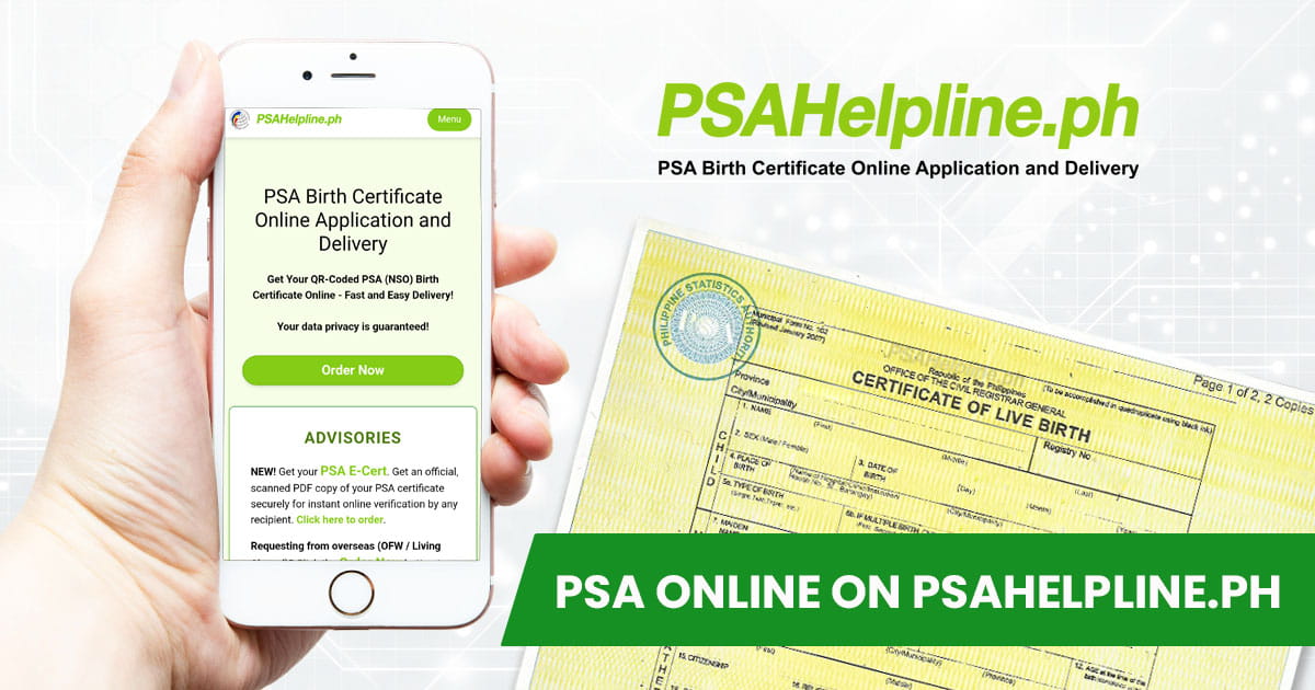 A hand holding a smartphone showing the PSAHelpline.ph website for online birth certificate applications and delivery.