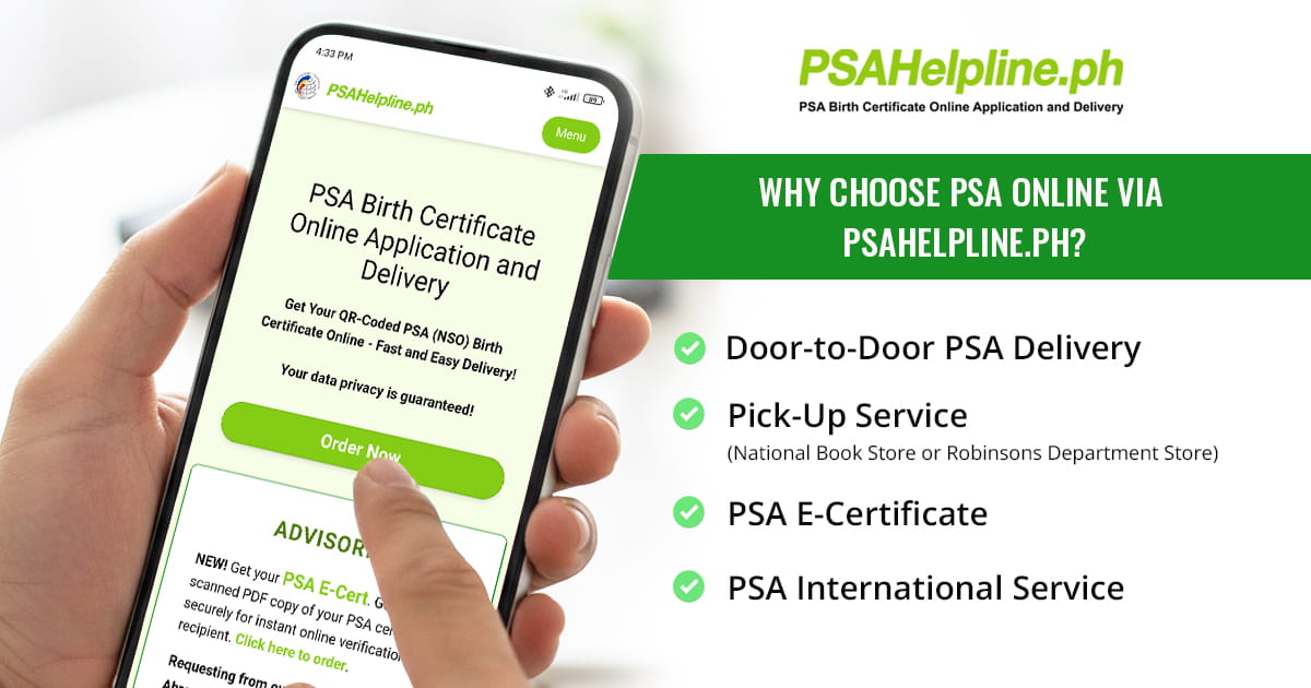 A person uses the PSAHelpline.ph mobile site, highlighting door-to-door delivery, pick-up, and e-certificate options.