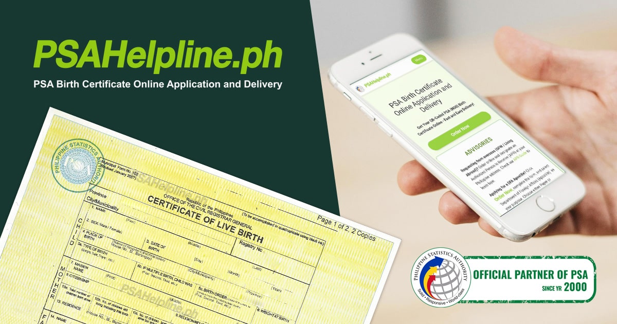 PSAHelpline.ph banner with a Birth Certificate form and mobile phone screen for PSA Certificate Online and Delivery.