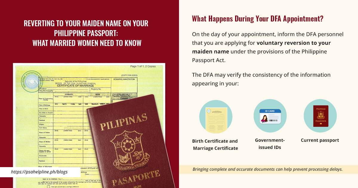 DFA guide infographic detailing requirements for reverting a passport to a maiden name, under 125 characters.