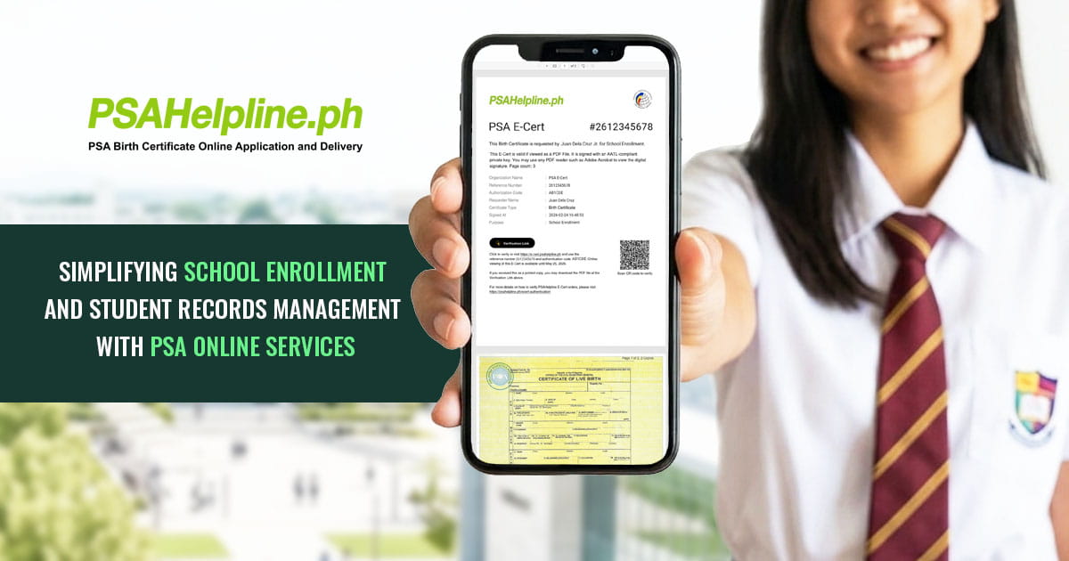 A student holding a phone displaying a PSA E-Cert, promoting simplified school enrollment via PSA online services.