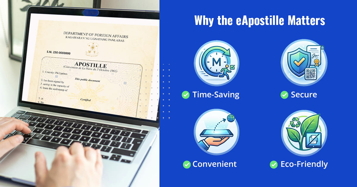 Graphic showing benefits of eApostille: time-saving, secure, convenient, and eco-friendly, next to a person using a laptop.