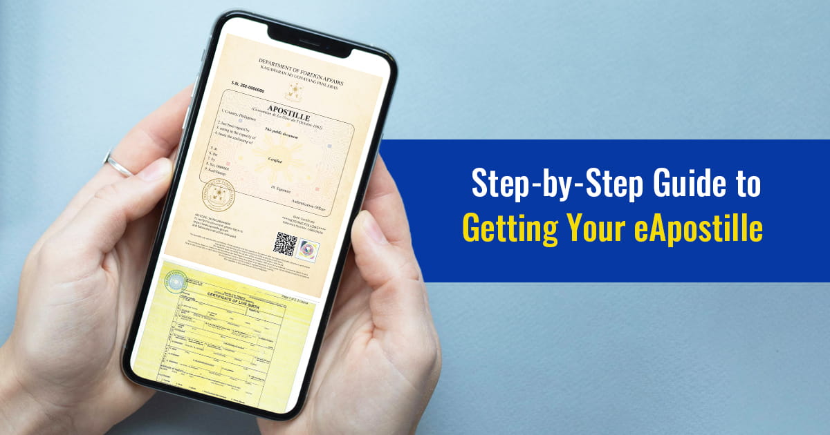 A person holding a smartphone displaying an eApostille document, titled "Step-by-Step Guide to Getting Your eApostille."