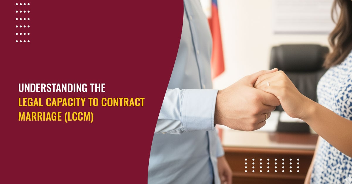 Close-up of a couple holding hands with a wedding ring visible, over a background saying "Understanding the Legal Capacity to Contract Marriage (LCCM)."