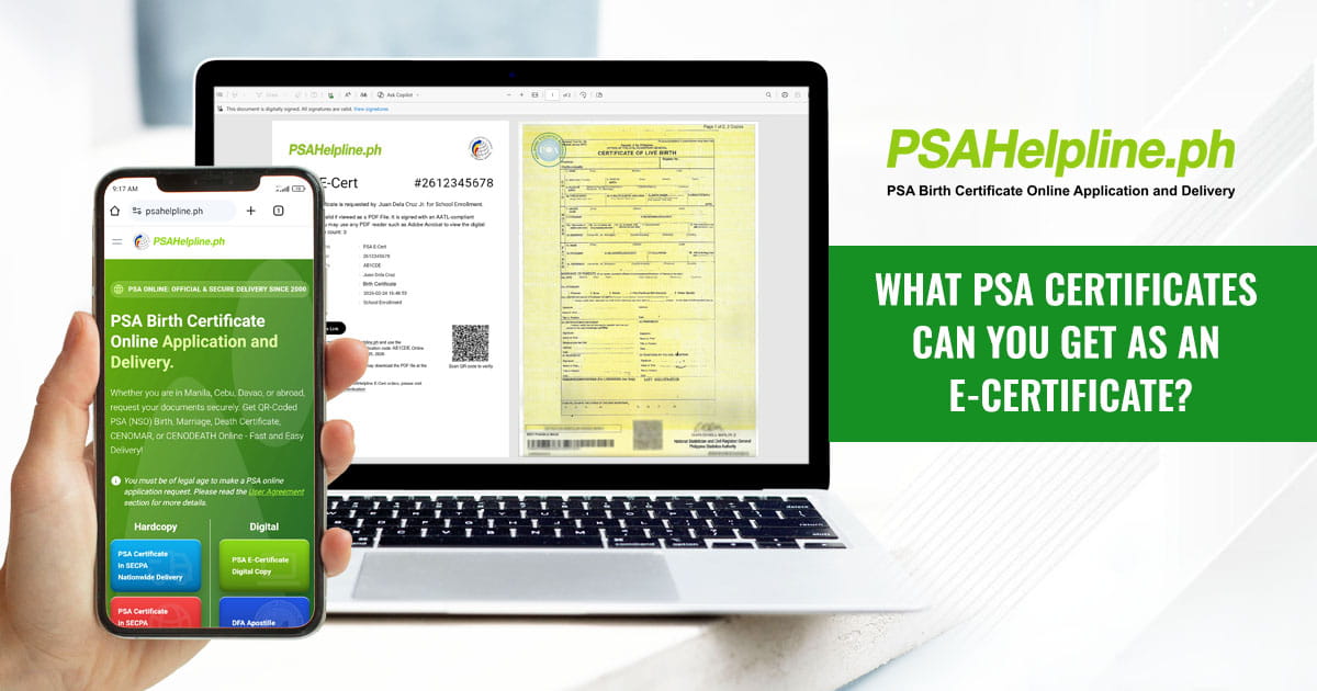 Laptop and smartphone showing PSAHelpline.ph site and e-cert, asking which PSA certificates you can get as an e-cert.