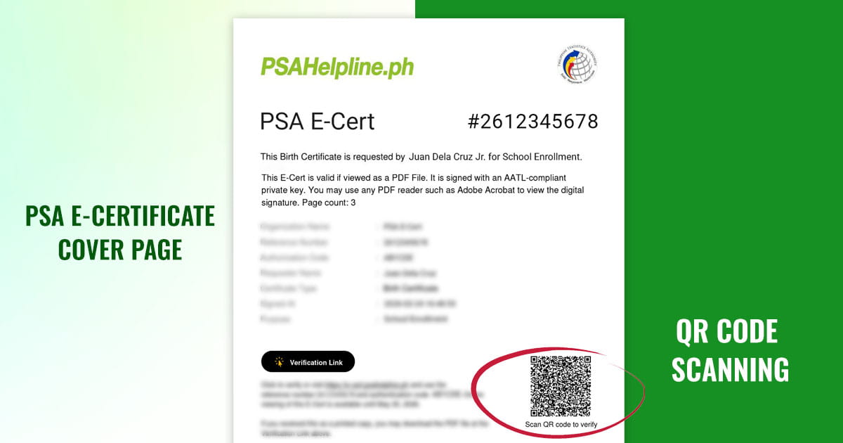 PSA E-Certificate cover page highlighting the QR code verification feature on the document.