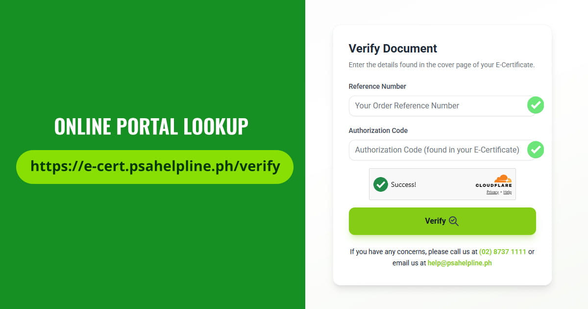 Online document verification portal on PSAHelpline.ph for entering Reference Number and Authorization Code.