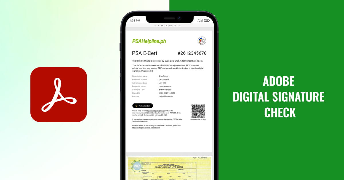 Smartphone showing a PSA e-certificate next to the Adobe Acrobat icon for digital signature verification.