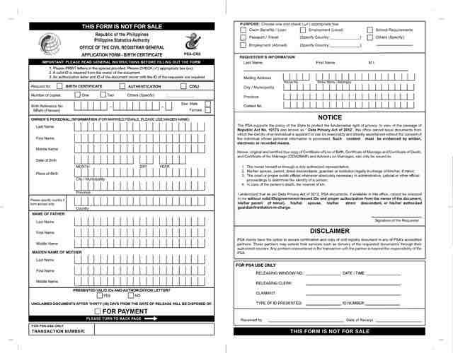 Application form for PSA birth certificate online request